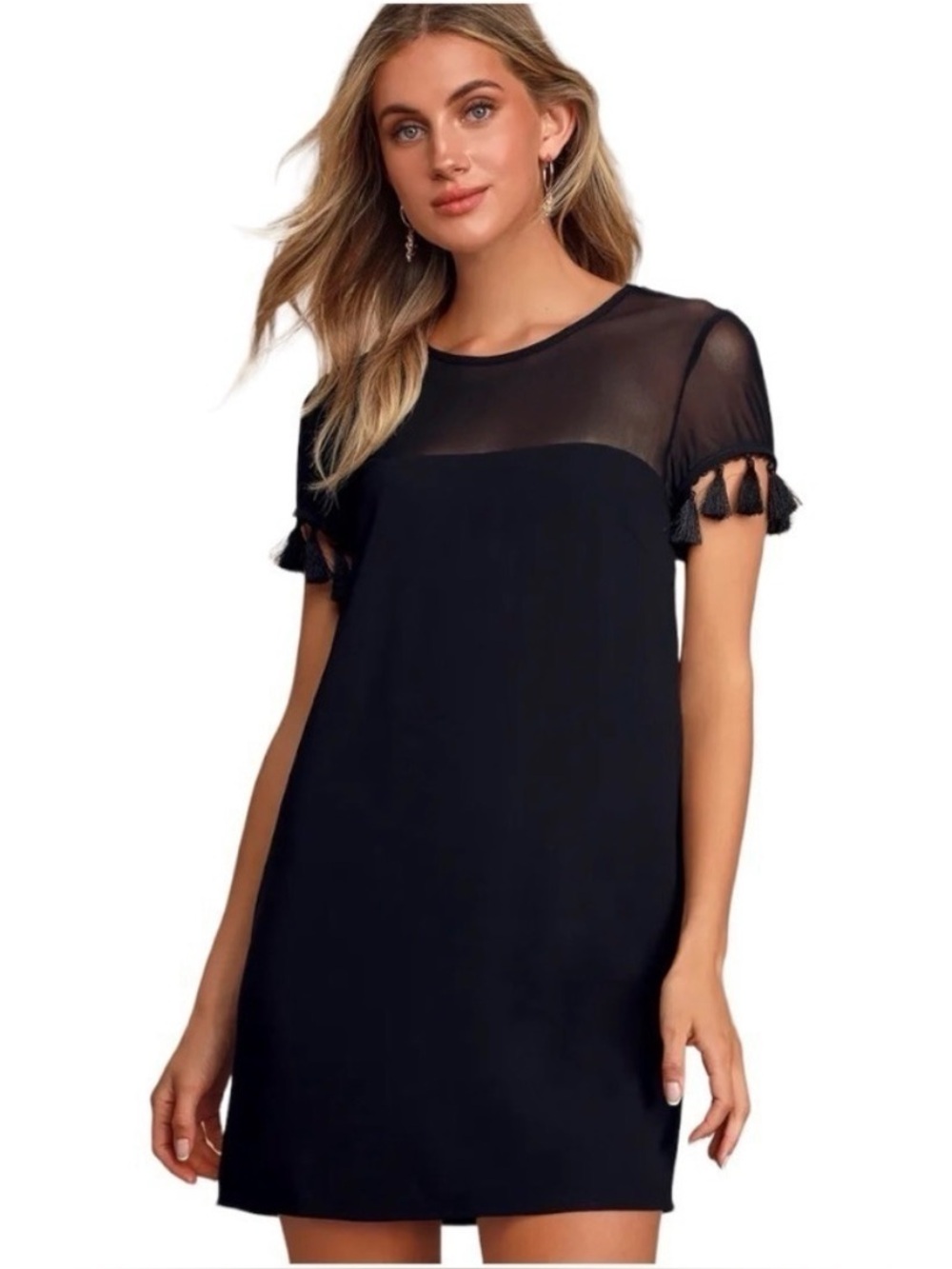 Lulus Iced Mini Shift Dress with Mesh and Tassles in Black